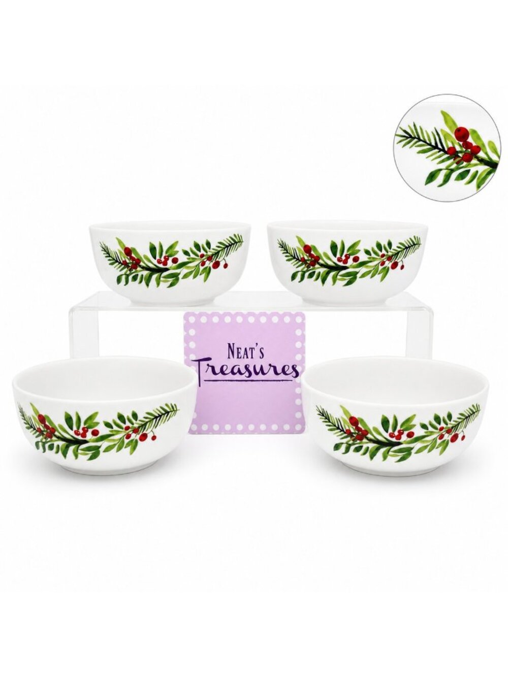 Gibson MAGIC POINSETTIA Red Floral Porcelain Christmas Soup Cereal Bowls Set 4